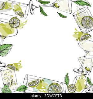 Vector frame with martini, mojito, daiquiri and margarita in bright citrus tones. Ink hand drawn for cocktail menu borders, party invites, social Stock Vector