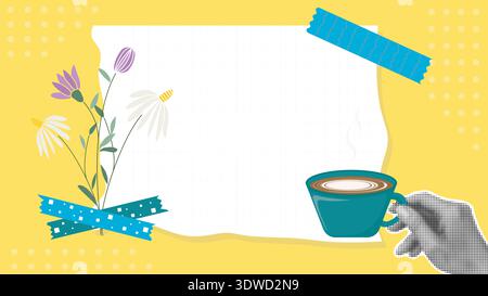 Halftone collage with good morning theme. Hand holds cup of coffee. Torn sheet of paper for text, decorated with flowers and washi tape. Template Stock Vector