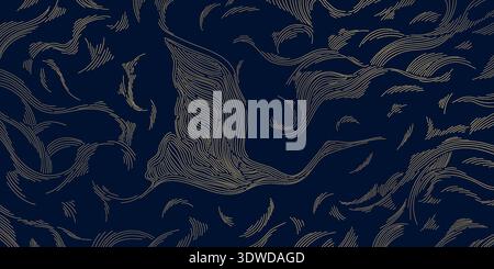 Elegant Japanese crane pattern, gold line art, background with flowing waves. Luxury vector illustration, Asian aesthetics, wallpapers, invitations Stock Vector