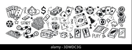 Board games hand drawing doodle set. Vector black icons of playing cards, poker chips, dice, wooden blocks, money banknote, coins. Domino, puzzle and jenga gambling line sketch symbols. Family leisure Stock Vector