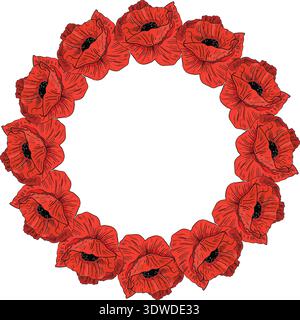 Red poppy flowers round wreath . Circle floral frame. Papaver. Hand drawn vector. Isolated on white background. Stock Vector