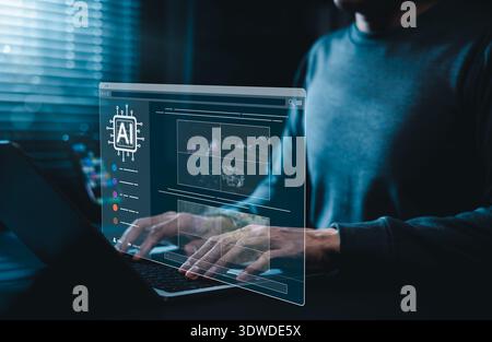 AI image creation technology. Man use AI software on a laptop to generate images, showcasing a futuristic user interface. screen with visual prompt. Stock Photo