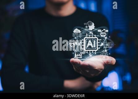 Artificial intelligence innovation concept. Man holding glowing AI microchip interface with digital icons, showcasing machine learning, automation, Stock Photo