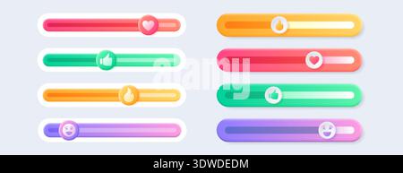 Vector set of colorful reaction sliders, feedback emoticons with happy smile emoji, heart, thumb, fire icons. Customer satisfaction rating scale, scroll bars for website, social media or internet page Stock Vector