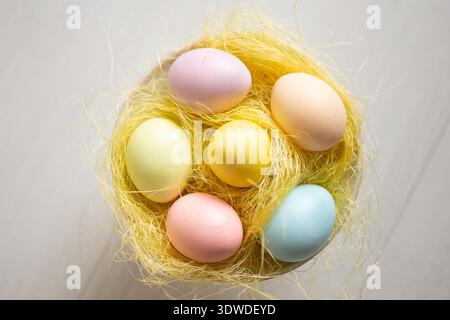 Easter painted eggs top view pastel colors Stock Photo