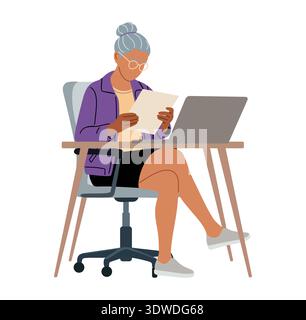 Senior woman sitting at desk, reading document Stock Vector