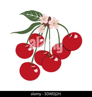 Red cherries with pink blossoms and green leaves Stock Vector