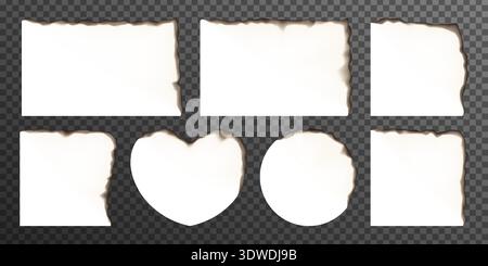 White paper corner burnt in fire, heart square ashed page. Book edge torn and ripped, extinguished collage border. Old heat-damaged letter, broken Stock Vector