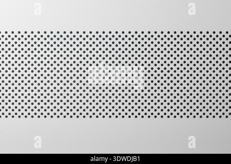 white metal desktop pc case panel surface, circular air vent perforations of full frame texture, closeup with copy space, computer hardware background Stock Photo