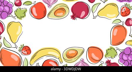 Colorful fruit border illustration with apple, banana, pear, avocado, grapes and strawberry in flat style. Hand drawn background frame isolated on Stock Vector