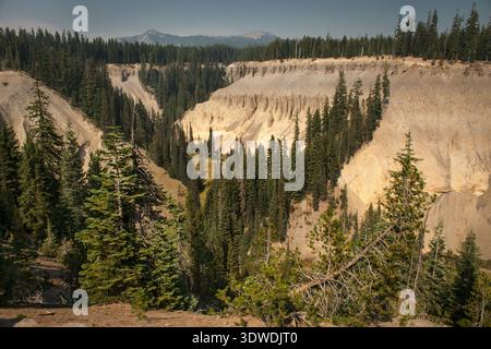 Canyon landscape with pine trees and rugged cliffs in Crater Lake National Park, Oregon Stock Photo