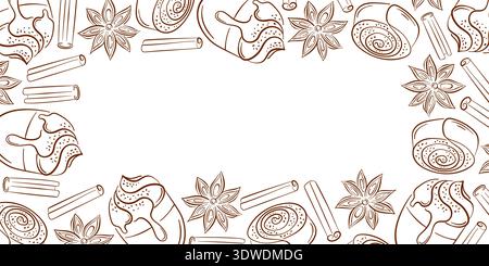 Border pattern with cinnamon roll, sticks, coffee drink and star anise in line art style. Hand drawn illustration on white background for bakery Stock Vector