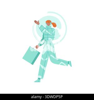 Running girl in warm clothes with paper shopping bag, isolated on white background. Flat cartoon vector illustration Stock Vector