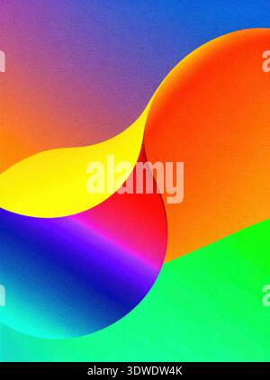 Bright colors merge in a dynamic pattern, featuring smooth curves and gradients. This artwork showcases a lively design with blue, yellow, orange, pur Stock Photo