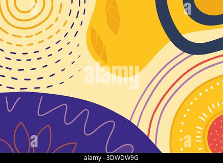 Colorful patterns and shapes in a bright abstract design create an energetic atmosphere, showcasing swirls and lines in shades of yellow, purple, and Stock Photo