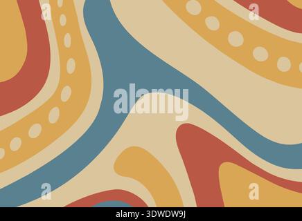 The artwork features a vibrant abstract design with wavy shapes and patterns in shades of orange, yellow, red, and blue against a light background, cr Stock Photo