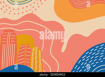 Bright and playful abstract scene showing stylized buildings among wavy patterns in blues, oranges, and pinks, creating a lively urban atmosphere. Stock Photo