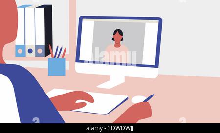 A person works from home at a desk, engaged in a virtual meeting on a computer screen. Office supplies and files are visible in the background. Stock Photo