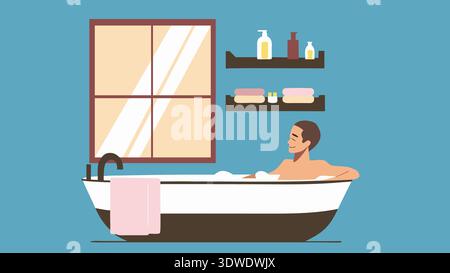 A young man with a short hairstyle relaxes in a stylish bathtub, surrounded by neatly arranged toiletries and soft towels, enjoying a peaceful moment Stock Photo
