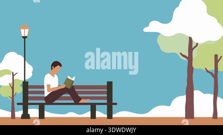 A young man sits comfortably on a bench in a park, reading a book. He enjoys a sunny day surrounded by trees and fluffy clouds in a clear blue sky. Stock Photo