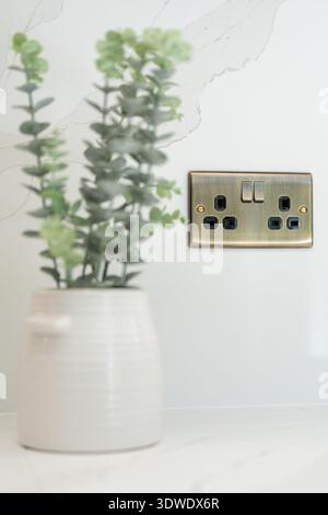 A modern interior detail of a London townhouse featuring a stylish brass power socket installed on a sleek marble wall, accompanied by a decorative po Stock Photo