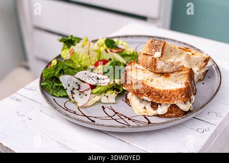 Delicious cheese toasts served with a fresh garden salad on a rustic plate. The toasty bread and melted cheese complement the crisp greens and radishe Stock Photo