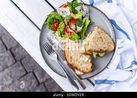Delicious chicken toast paired with a fresh salad featuring crisp lettuce, juicy tomatoes, and radish, all beautifully plated to offer a delightful me Stock Photo
