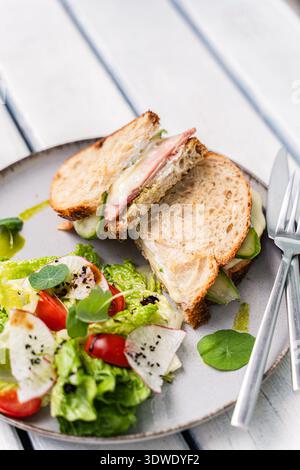 A delicious toasted ham sandwich with melted cheese served alongside a crisp, vibrant salad garnished with slices of tomato and radish on a white wood Stock Photo