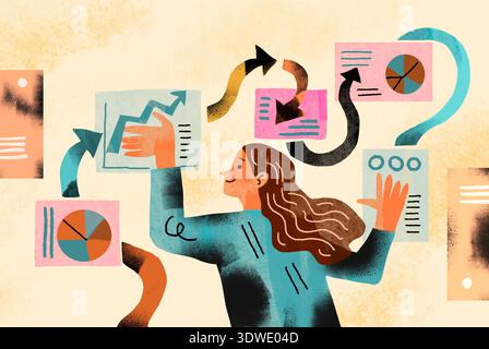 Abstract illustration of a person analyzing data with charts and graphs, symbolizing creative thinking, strategic planning, and problem-solving in a b Stock Photo