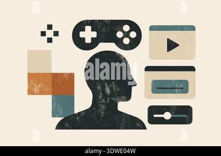 Abstract artwork depicting a silhouette of a human head surrounded by various retro-inspired technology symbols, representing creativity and digital c Stock Photo
