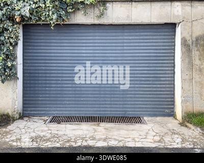 An aged garage door with a textured surface lies beneath ivy-clad concrete walls. The scene conveys an atmosphere of rustic charm, merging nature with Stock Photo