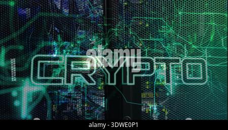 Glowing neon-green CRYPTO overlay dominating server room, showing rack servers, switches and cables Stock Photo