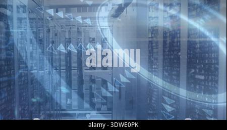 Displaying server racks glowing with LEDs and patch cables in data center aisle, showing overlays Stock Photo