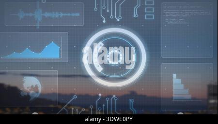 Projecting central circular HUD over blurred city skyline at dusk, showing waveform and code Stock Photo