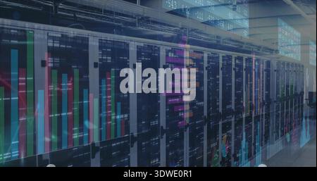 Displaying row of glass server cabinets showing analytics overlays in data center with LEDs Stock Photo