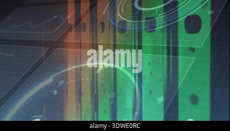 Displaying translucent green and orange vertical bars with HUD rings on digital dashboard, grid Stock Photo