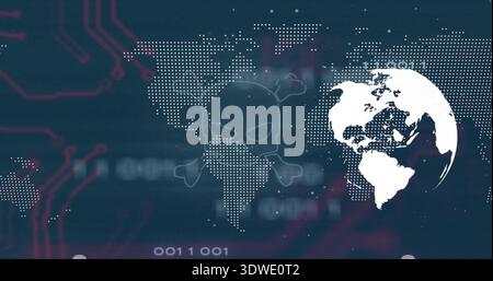 Overlaying skull icon covering dotted world map in cyber graphic, showing red circuit traces Stock Photo