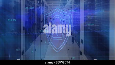 Projecting blue digital shield with padlock over server room aisle, showing racks and LEDs Stock Photo