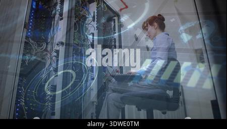 Diagnosing servers, technician wearing light shirt and pants in data center with laptop, copy space Stock Photo