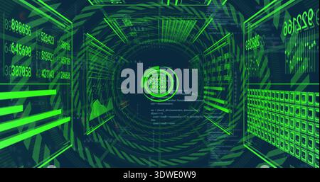 Glowing central HUD directing digit streams through virtual data tunnel, holographic panels visible Stock Photo