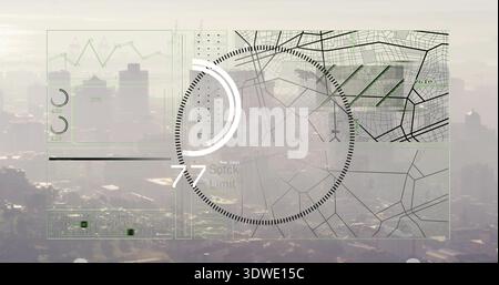 Displaying HUD overlay over hazy aerial cityscape, showing dotted circular gauge, wireframe maps Stock Photo