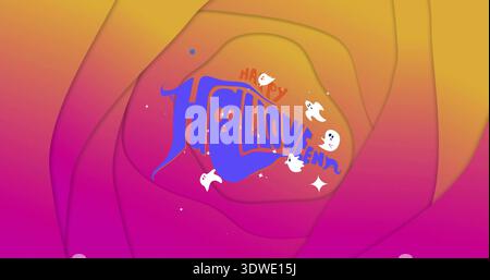 Showing blue HALLOWEEN ghost logo with Happy text, white ghosts, sparkles on paper-cut gradient Stock Photo