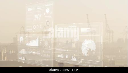 Displaying layered HUD overlays over port terminal waterfront, showing dotted globe, gantry cranes Stock Photo