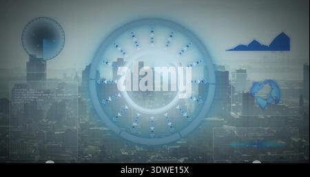 Projecting central HUD with concentric rings over cityscape at high view showing radar chart globe Stock Photo