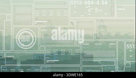 Floating HUD panels overlaying urban waterfront skyline, showing circular gauge, numeric readouts Stock Photo