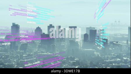 Displaying centered city skyline floating over downtown, showing rooftops, towers and code overlays Stock Photo
