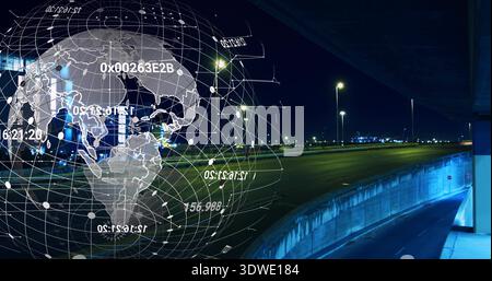 Hovering digital globe hologram showing hex ids and timestamps over multilane highway at night Stock Photo