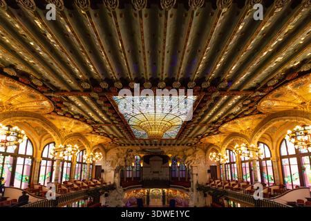 Barcelona, Spain - 06 March 2024: View of the resplendent Palau de la Música Catalana, its stained-glass skylight casting a warm glow upon the elabora Stock Photo