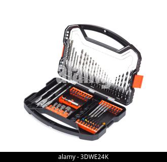 Professional drill bit and screwdriver set in a portable plastic case isolated on white background Stock Photo