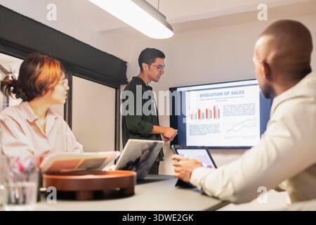 Diverse team engaged in a meeting at a coworking office. A presenter discusses sales graphs on a digital screen while colleagues attentively follow wi Stock Photo